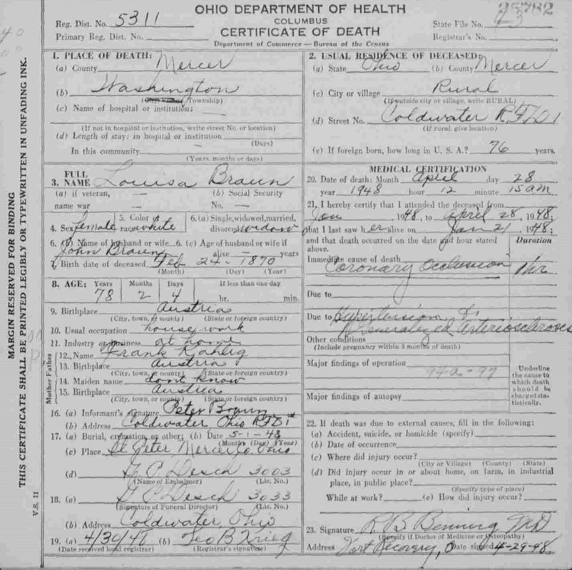 Louisa Kahlig Braun Death Certificate